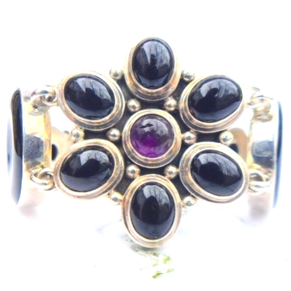 Sterling Silver 925 Onyx and Amethyst Floral Toggle Bracelet Signed AF Heavy 72g